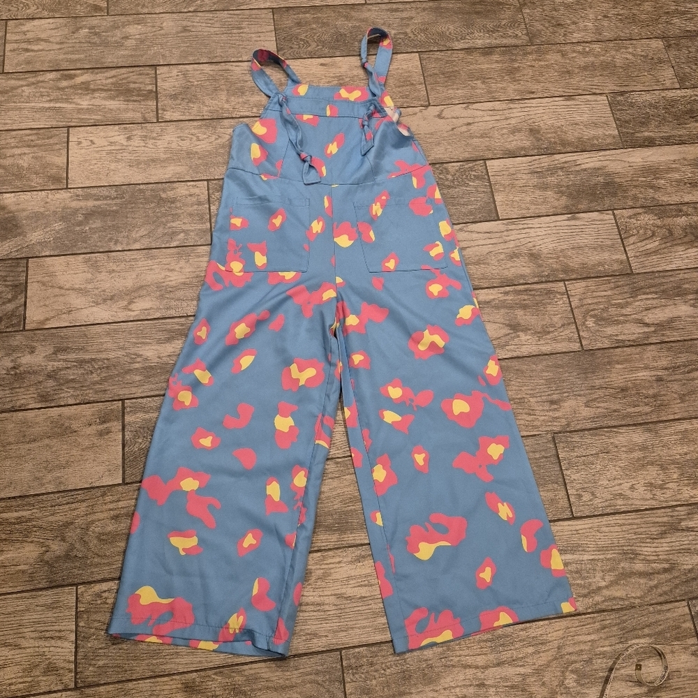 Vibrant Retro Abstract Print Wide Leg Jumpsuit Overalls | Blue Pink Yellow | SZ